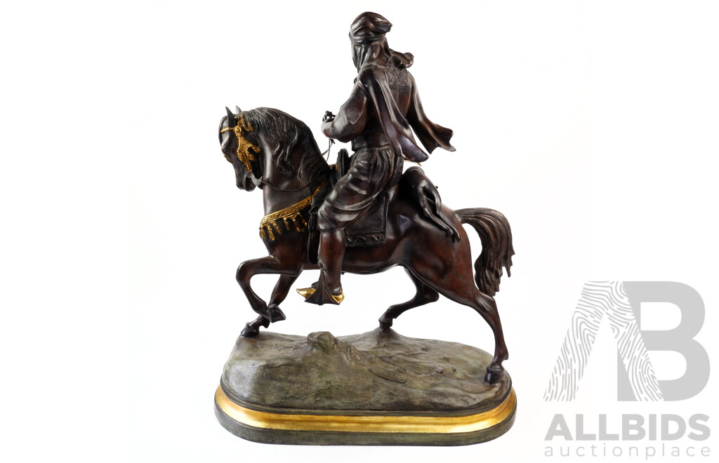 Large Reproduction Bronze Statue of Arab Warrior on Horseback with Hand Painted Detail, Marked Bayre Fils