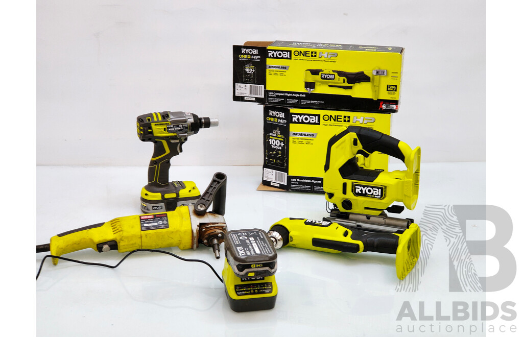 Lot of Ryobi Tools (Impact Driver, Jigsaw, Orbital Sander, Angle Drill) with Battery Charger and Two Battery Packs