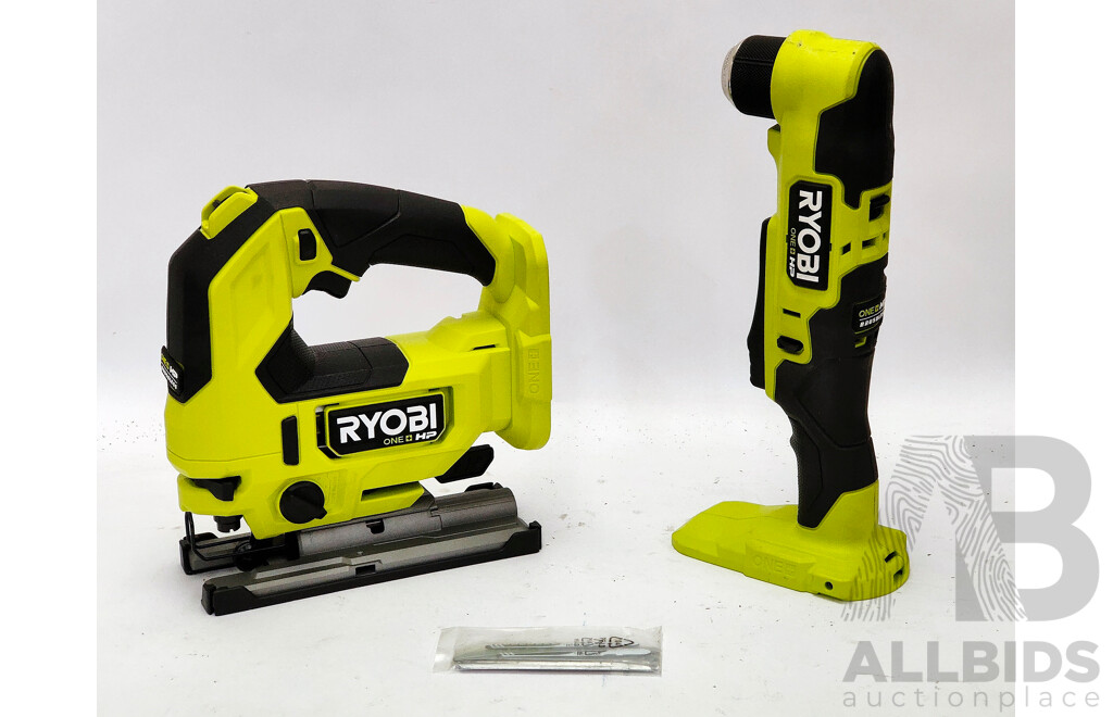 Lot of Ryobi Tools (Impact Driver, Jigsaw, Orbital Sander, Angle Drill) with Battery Charger and Two Battery Packs