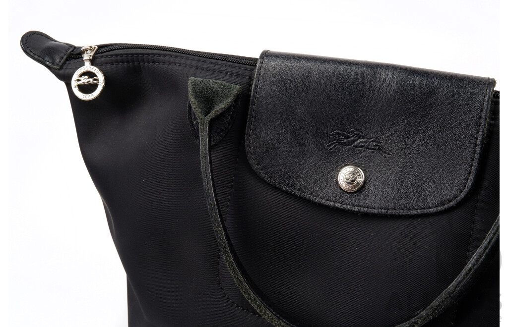 Longchamp Black Leather and Nylon Tote Bag
