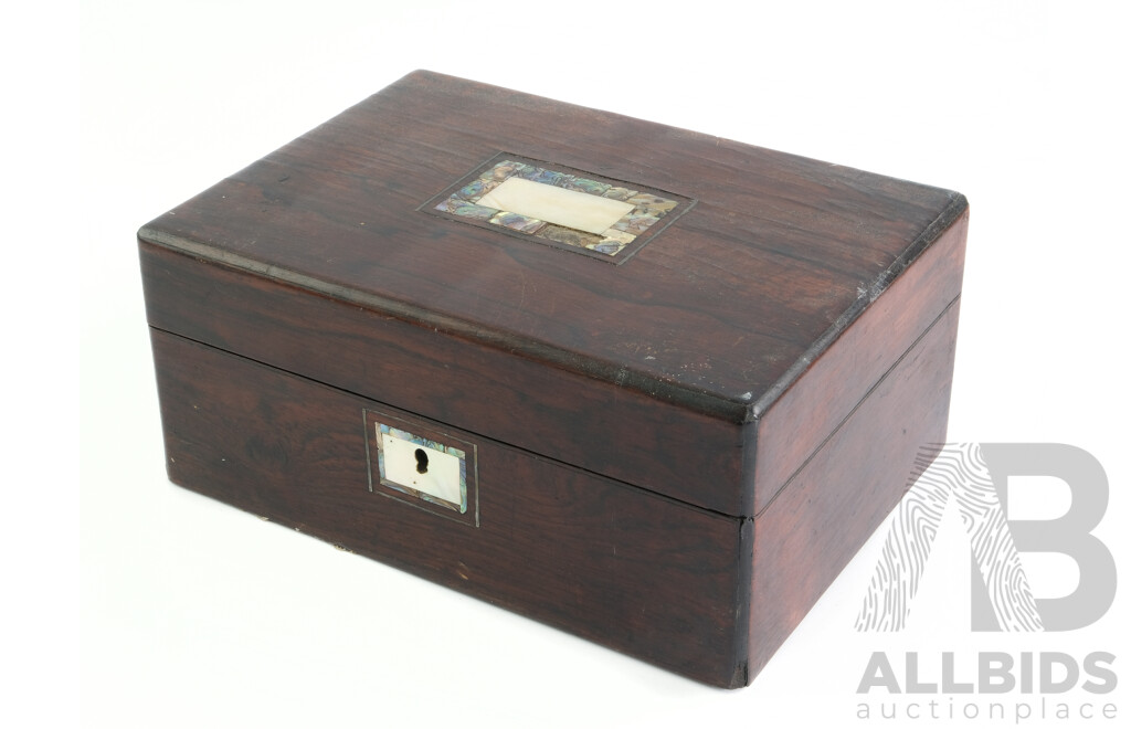 Antique Mahogany Box with Paua and Mother of Pearl Shell Inlay to Top and Front and Internal Leather Framed Mirror, Losses