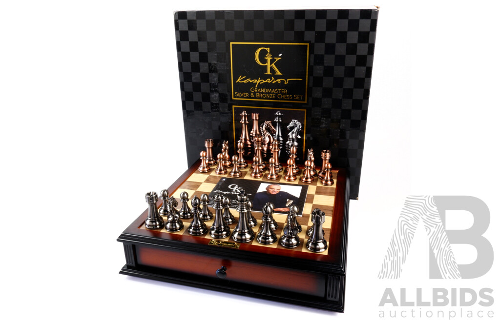 GK Kasparov Grandmaster Chess Set and Board with Silver and Bronze Finished Pieces in Original Box