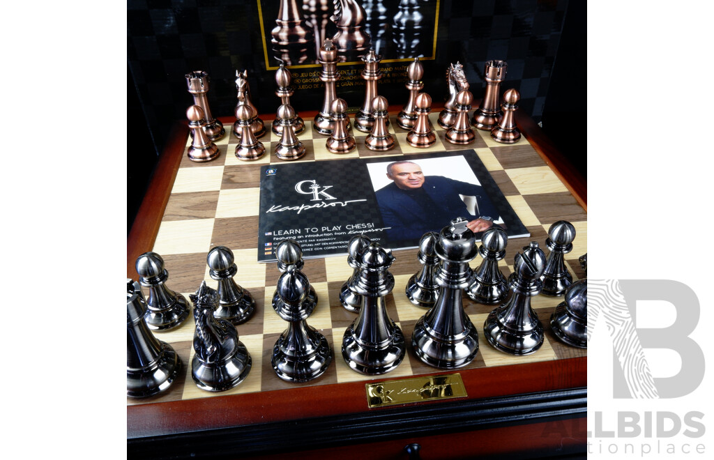 GK Kasparov Grandmaster Chess Set and Board with Silver and Bronze Finished Pieces in Original Box