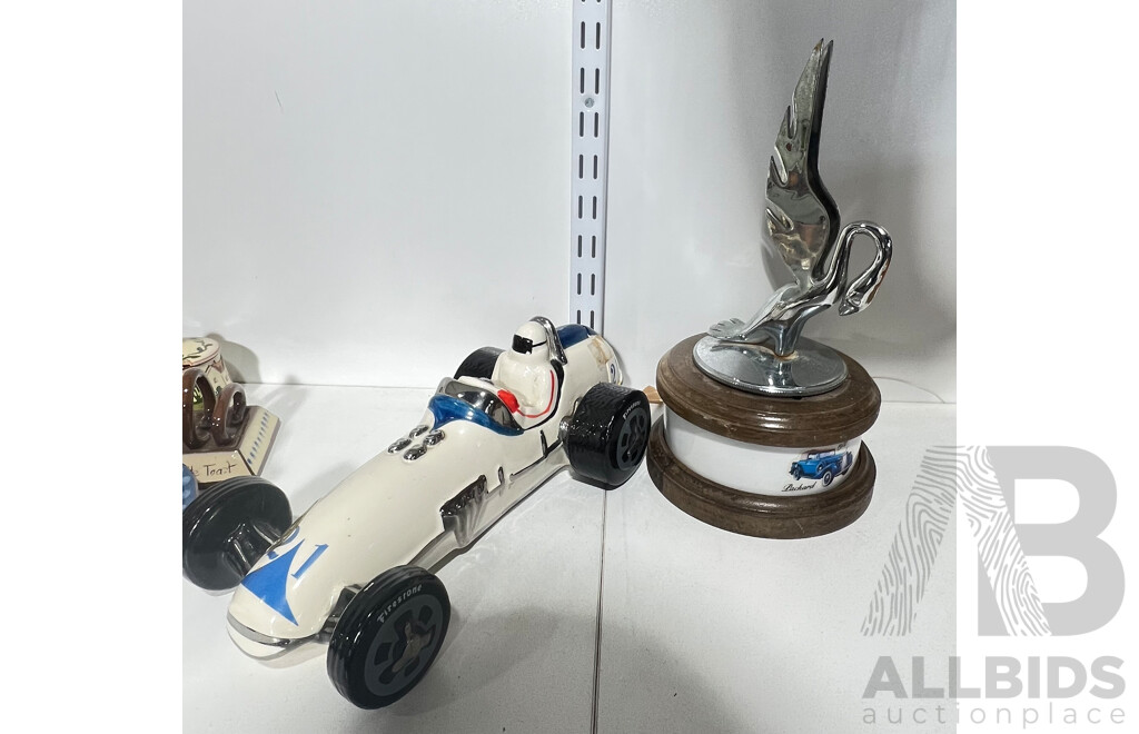 Ezra Brooks #55 Indy Race Car Liquor Decanter (Empty) and Packard Decanter and Hood Ornament (Empty)