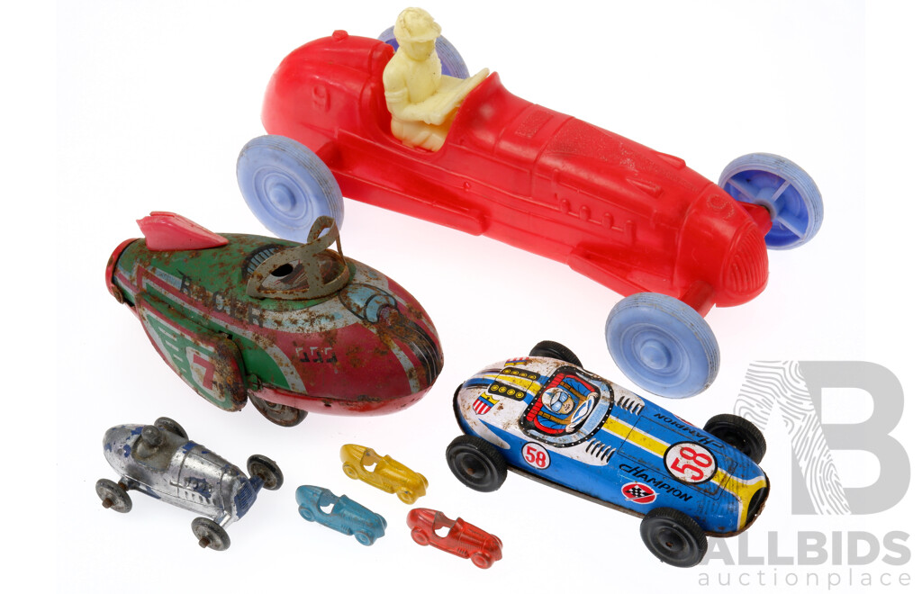 Collection of Vintage Toys Including Pressed Steel Racecar (Made in Japan) Rocket Racer and Plastic and Cast Lead Speedway Cars