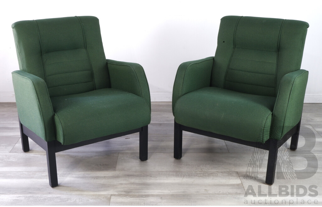 Pair of Vintage Green Armchairs with Black Timber Frames