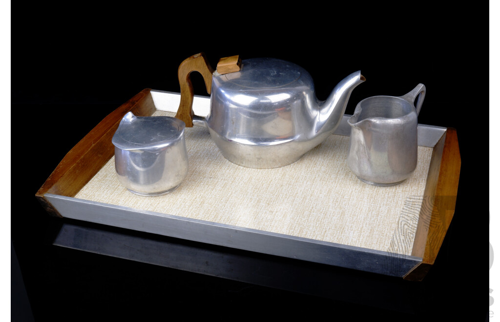 Picquot Ware MAgnalium Tea Set with Teapot, Jug, Sugar Dish on Tray