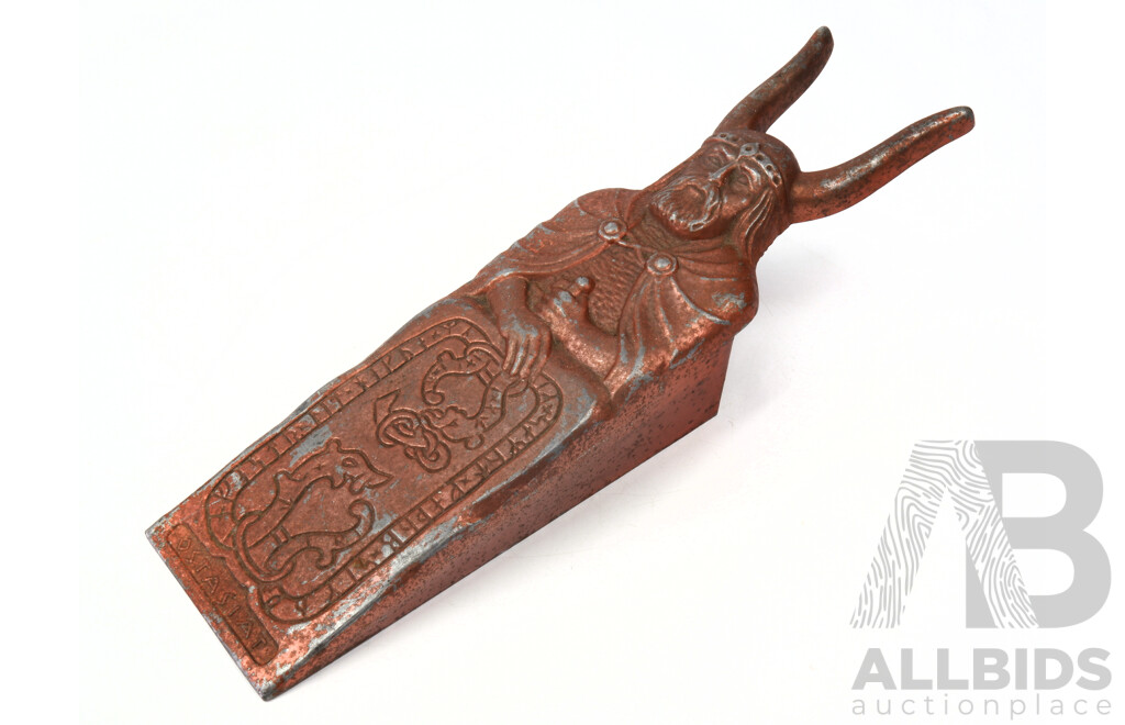 Retro Swedish Monsterskyddad Coppered Steel Doorstop with Viking Theme