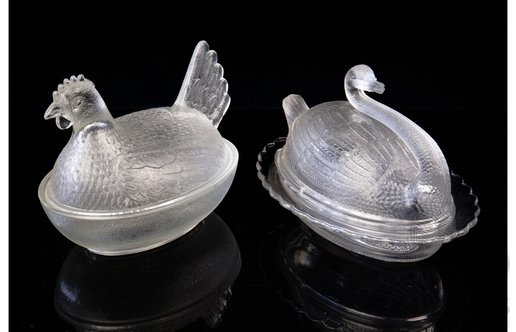 Two Depression Glass Lidded Dishes in Bird Forms