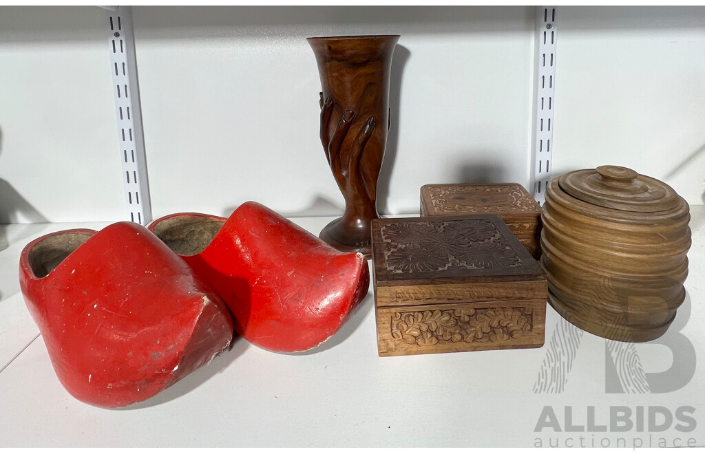 Mixed Timber Items Including Clogs and More