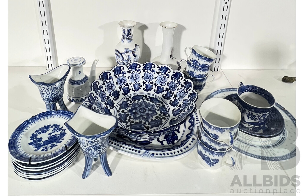 Large Mixed Assortment of Blue and White Ceramic Ware