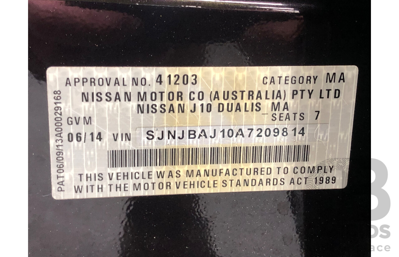 6/2014 Nissan Dualis +2 Ti-L (4x2) J10 MY13 4d Wagon Metallic Black 2.0L - 7 Seater