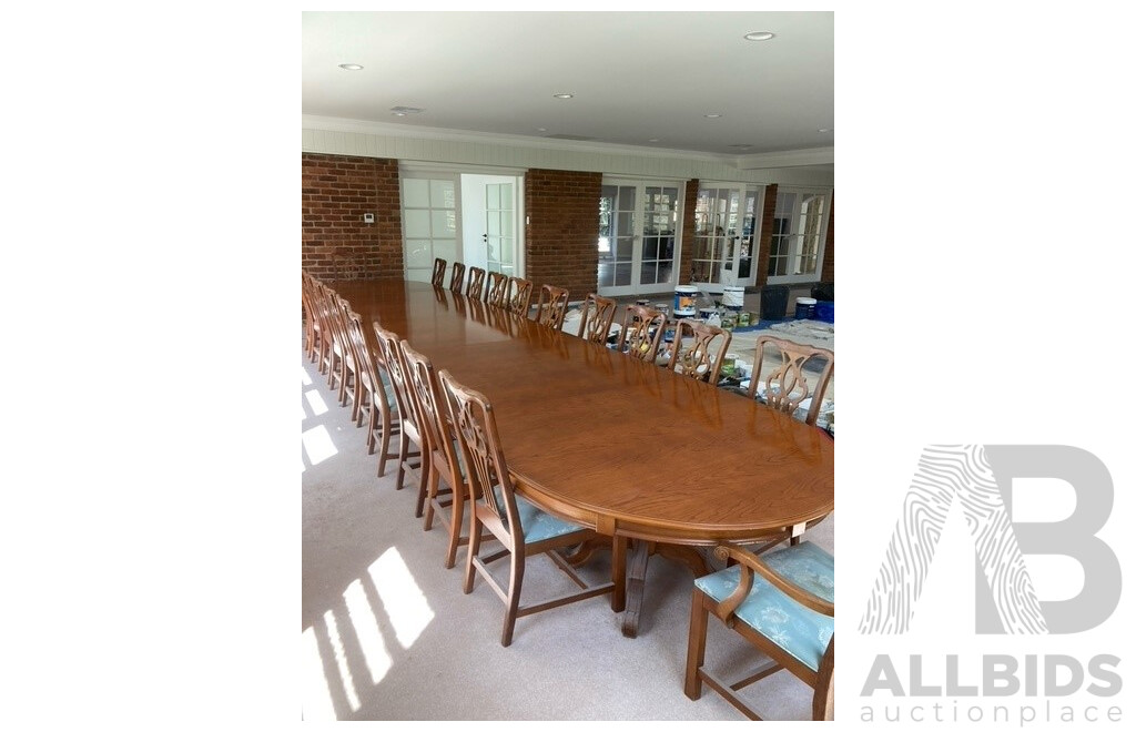 Very Large Vintage Van Treight Dining Table 6.5m Long, with Twenty Two Chippendale Style Chairs and Two Carvers