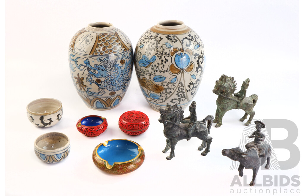 Collection Asian Decorator Pieces Comprising Cloisonne Ashtray, Two Cinnabar Items Three Bronze Figures and Two Lidded Hand Painted Ginger Jars