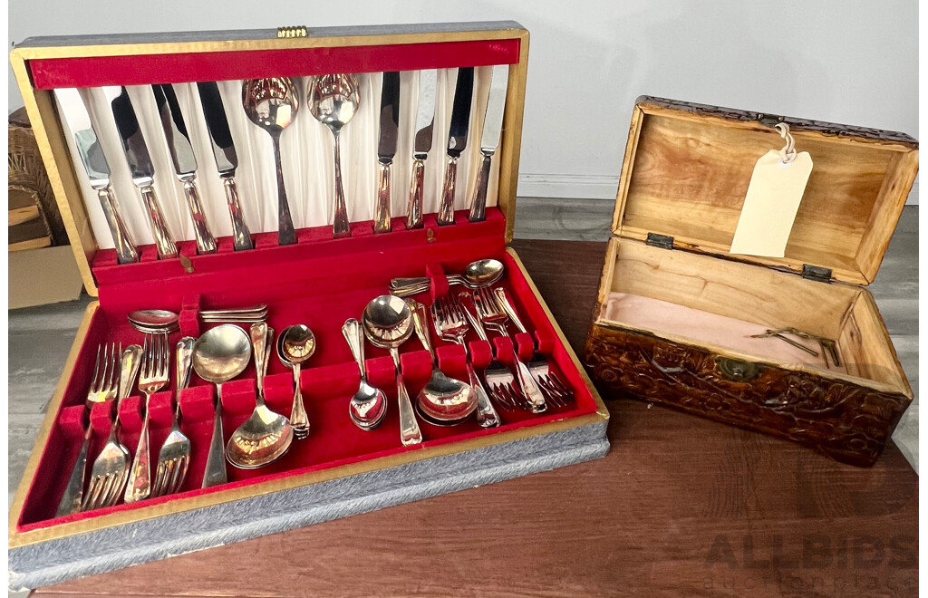 Vintage 51 Piece Silver Plate Flatwear Set by Ashbury Along with James Dixon Sheffield Silver Plate 12 Piece Fish Set in Wooden Case