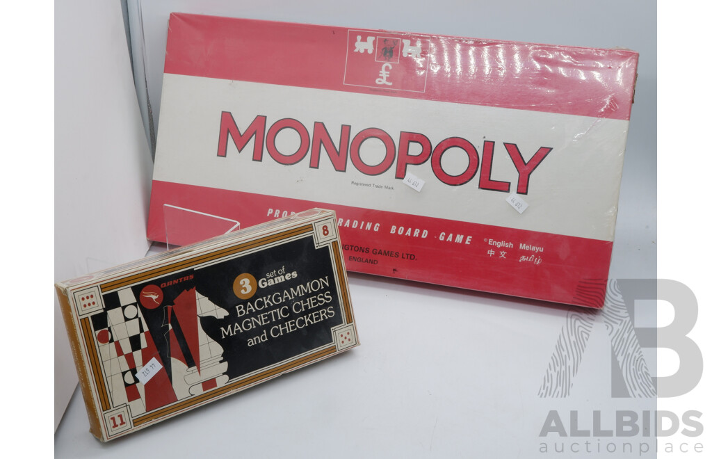 Vintage Malysian Edition Monoploly Game, Sealed, Along with Qantas Edition Travel Games Set