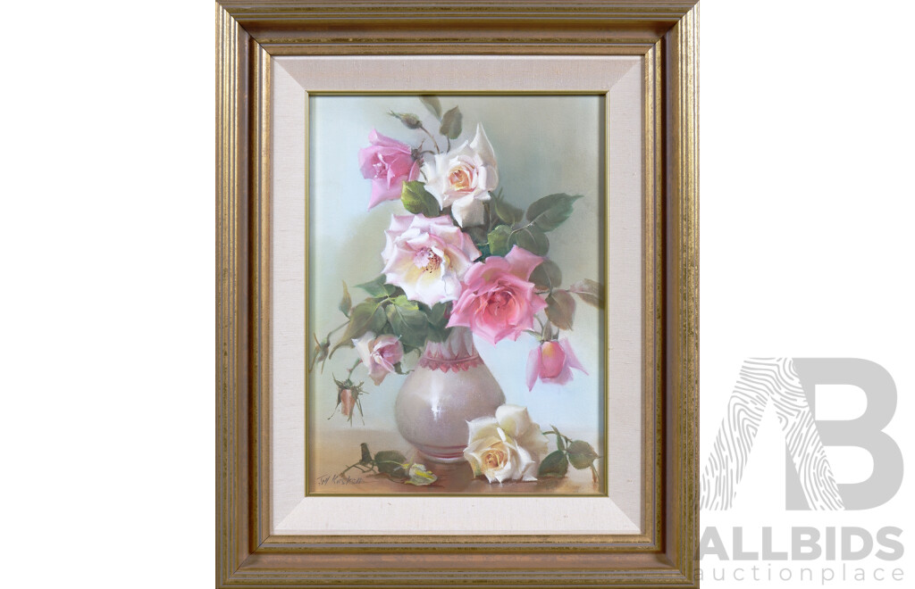 Jill Kerstein (Born 1938), Roses in Pink Vase, Oil on Canvas
