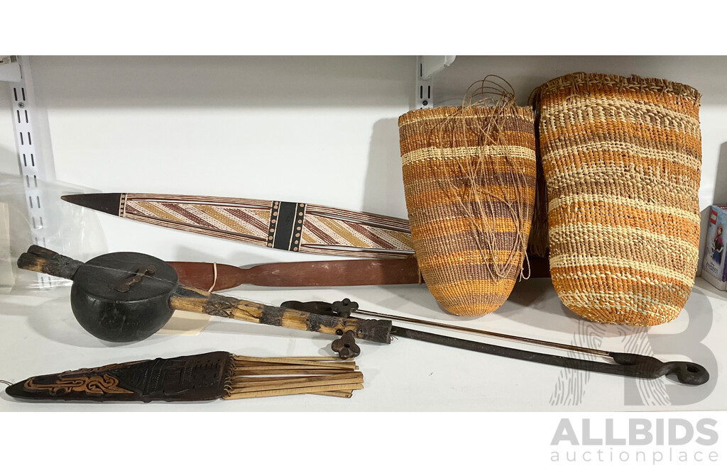 Collection Tribal Items Including Two Indiginous Australian Wooden Woomeras, Asian Stringed Instrument with Bow, Three Hand Woven Australian Baskets and More