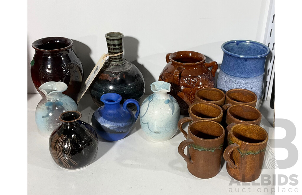 Collection Hand Made Australian Studio Pottery Including Set Six Ray Cook Mugs, Roger Hunt Narrow Necked Vase and More