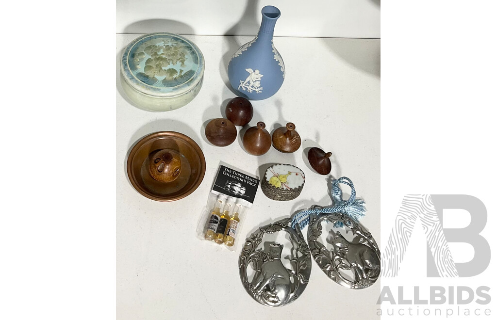 Collection Items Including Crystaline Glaze Lidded Dish, Wedgwood Jasperware Vase, Pair Canadian Seagull Pewter Cat Decorations and More