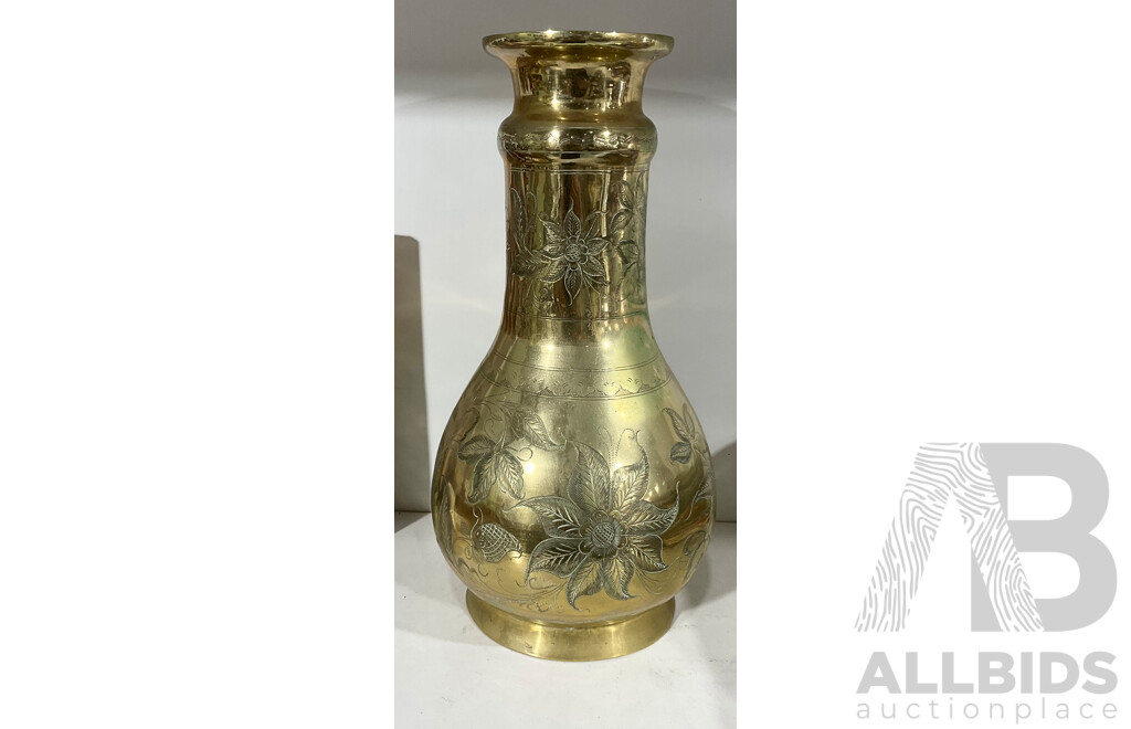 Large Middle Eastern Brass Vase with Engraved Floral Decoration