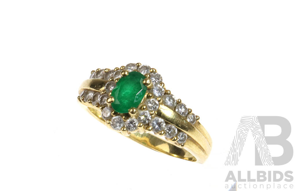 18ct Yellow Gold Natural Emerald & Diamond Ring, Size K, 5.22 Grams