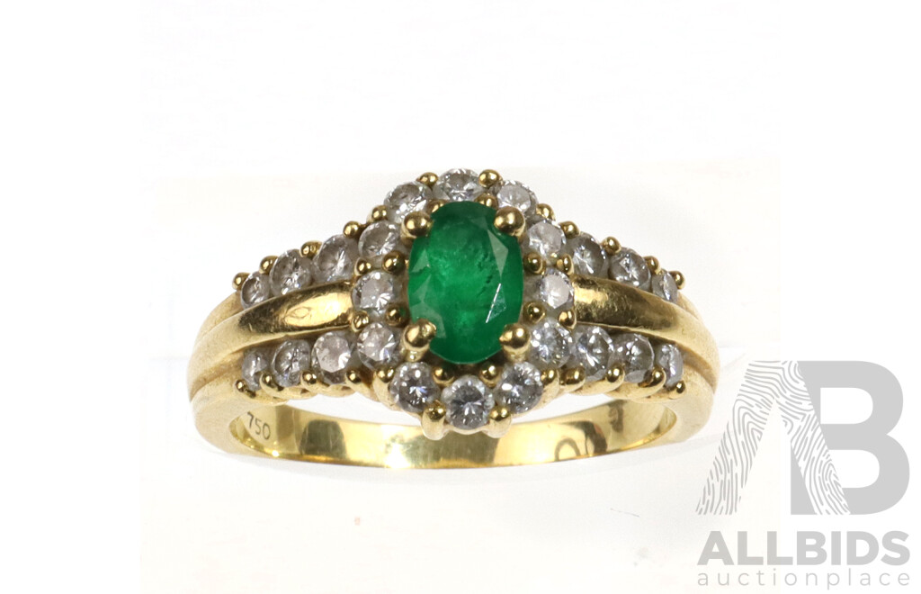 18ct Yellow Gold Natural Emerald & Diamond Ring, Size K, 5.22 Grams