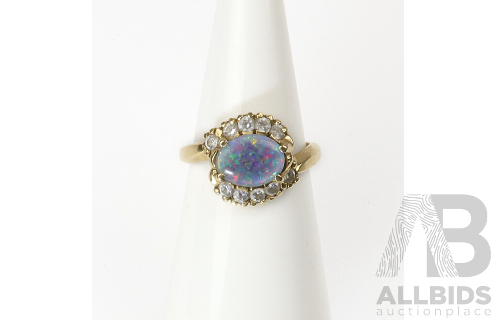 9ct Opal Doublet and White Topaz Ring, Size M, 3.97 Grams