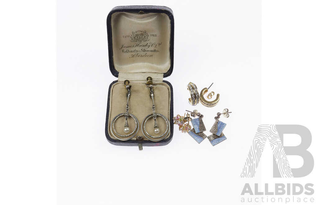Stunning Vintage Art Deco Clip on Earrings with Faux Pearl Detail in Original Box, Sterling Silver & Gold Plated