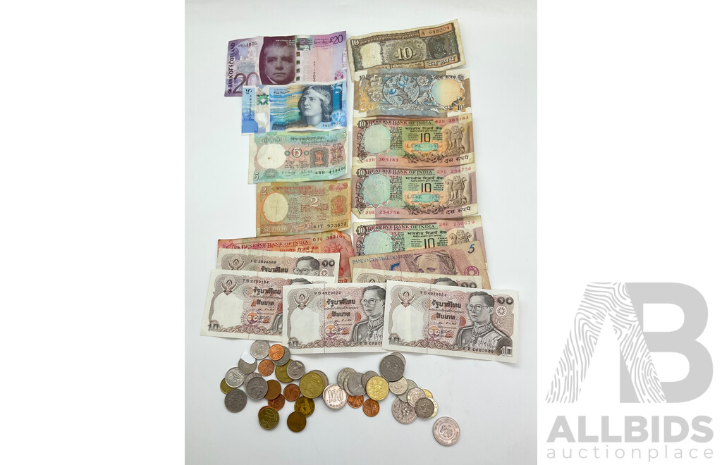Collection of Intentional Currency, Notes Include Scotland, Brazil, Thailand, India and Coins Euro and Singapore