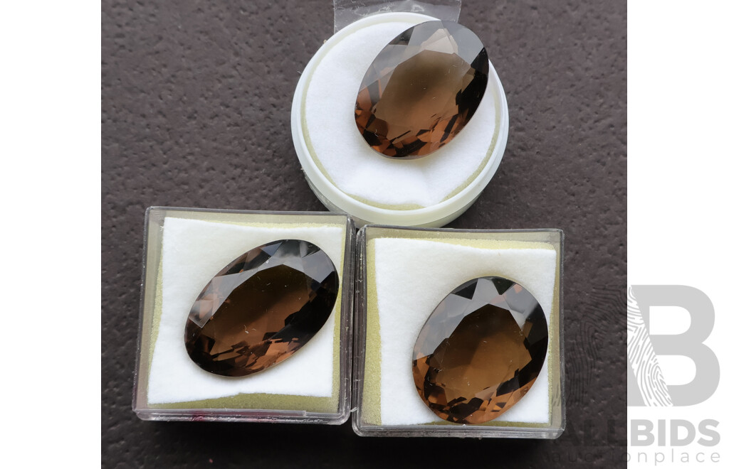 Smokey Quartz (3) Oval Cut Natural Gemstones, 19.10ct, 18.42ct, 17.17ct Each