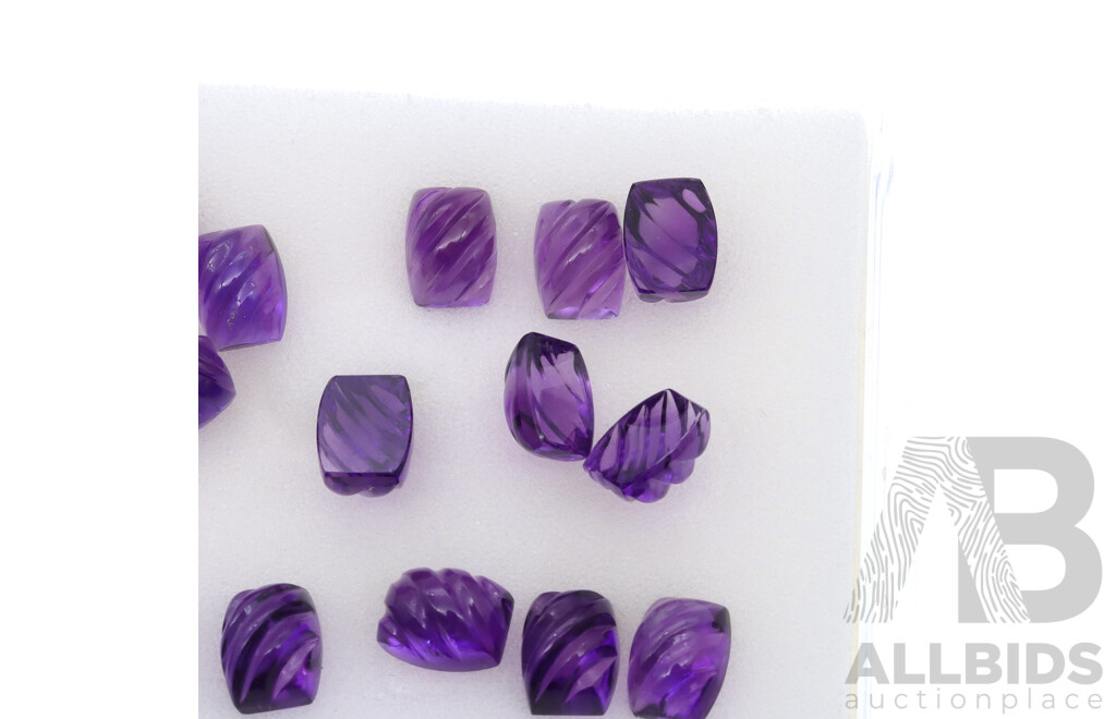 Amethyst (19) Carved Cabochon Stones, Unset, Each Stone Weighs 3.10ct - 3.34ct