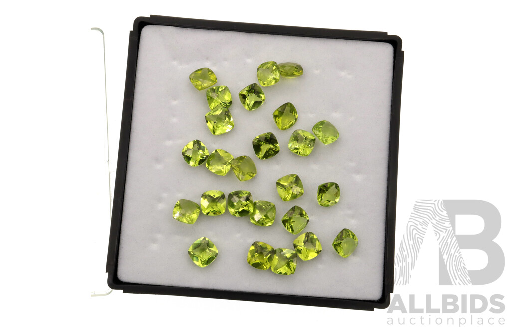 Peridot - (25) Unset Cushion Checker Cut Stones, Weight 1.25ct - 1.35ct Each Stone