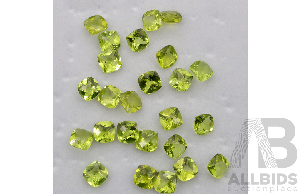 Peridot - (25) Unset Cushion Checker Cut Stones, Weight 1.25ct - 1.35ct Each Stone