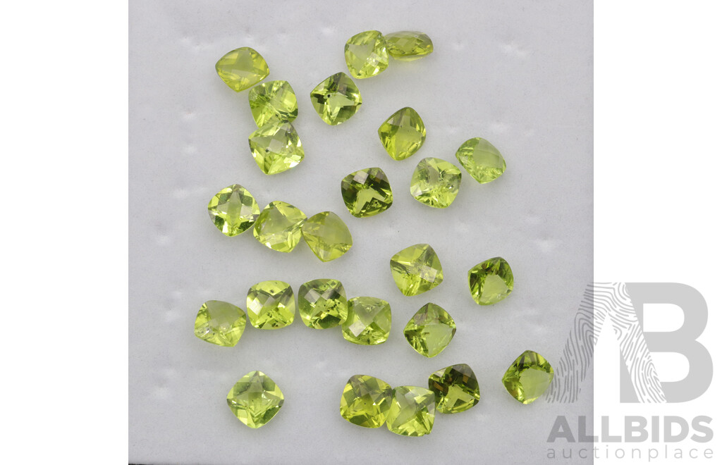 Peridot - (25) Unset Cushion Checker Cut Stones, Weight 1.25ct - 1.35ct Each Stone