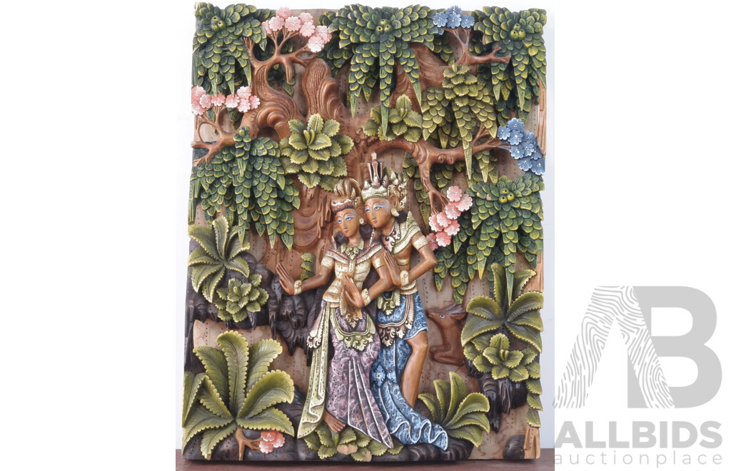 A Indonesian Carved and Painted Relief Artwork