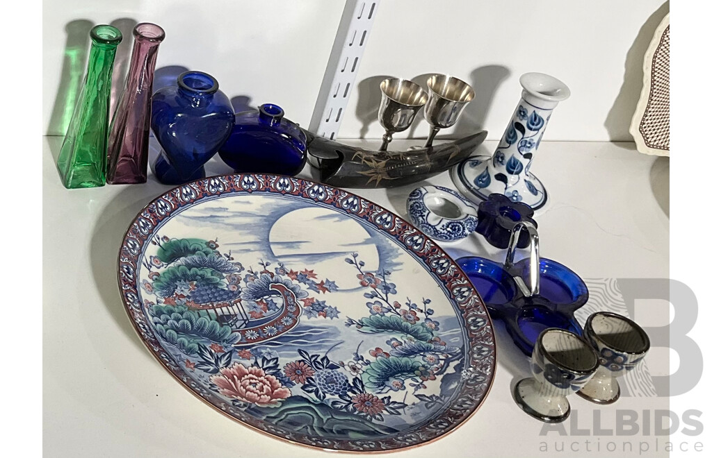 Collection Items Including Chinese Porcelain Display Plate, Four Cobolt Blue Glass Items, Pair Silver PLate Goblets and More