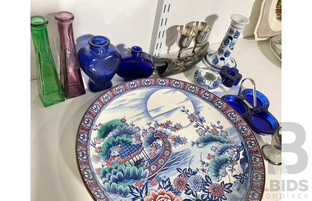 Collection Items Including Chinese Porcelain Display Plate, Four Cobolt Blue Glass Items, Pair Silver PLate Goblets and More