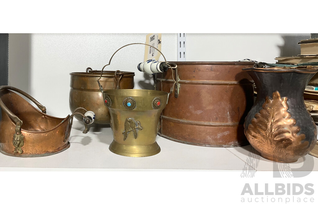 Collection Vintage Copper Pieces Including Bucket with Porcelain Delft Handles and More