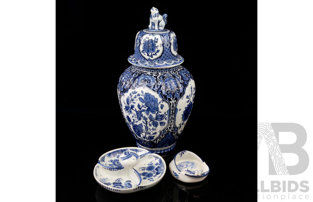 Collection Three Delft Items Including Vintage Lidded Jar with Canine Themed Finial
