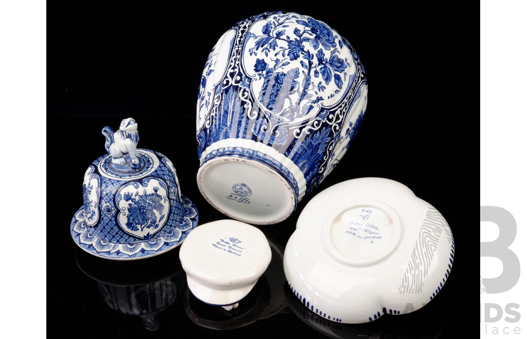 Collection Three Delft Items Including Vintage Lidded Jar with Canine Themed Finial
