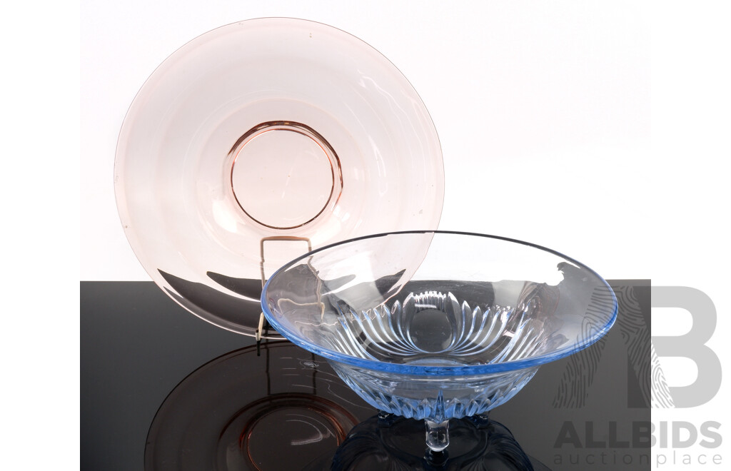Antique Art Deco Footed Bowl with Blue Swirl Motif Along with Vintage Pink Glass Charger