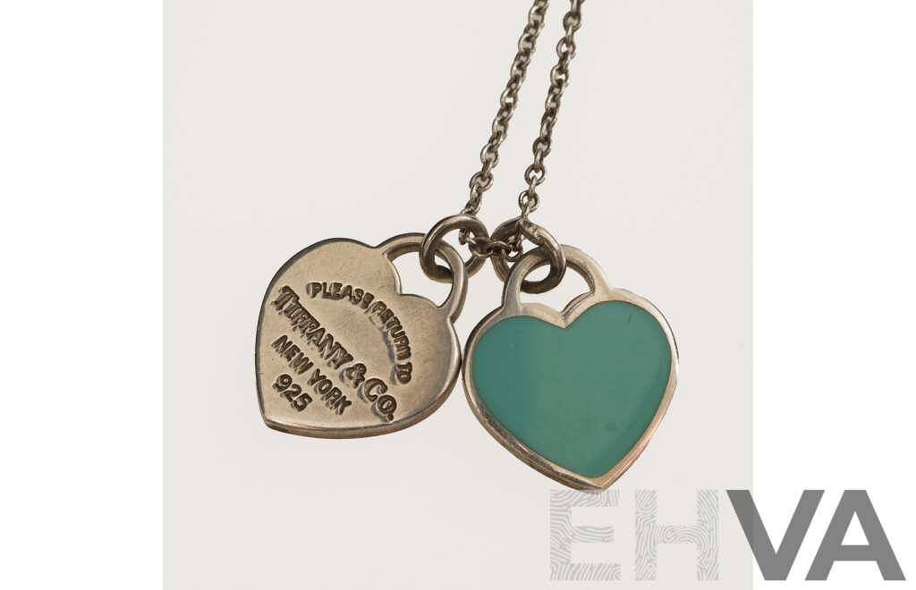 Tiffany & Co. Return to Tiffany's Mini Double Heart Blue Enamel Necklace in Sterling Silver, 45cm, 2.79 Grams
