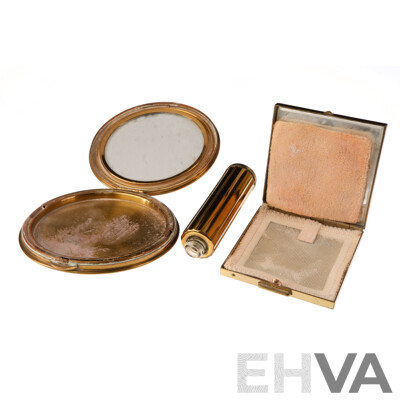 Vintage (2) Gold Tone Makeup Compacts and Vintage Gold Tone Perfume Bottle, Missing Top