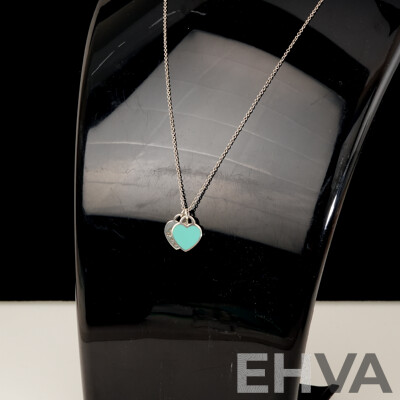 Tiffany & Co. Return to Tiffany's Mini Double Heart Blue Enamel Necklace in Sterling Silver, 45cm, 2.79 Grams