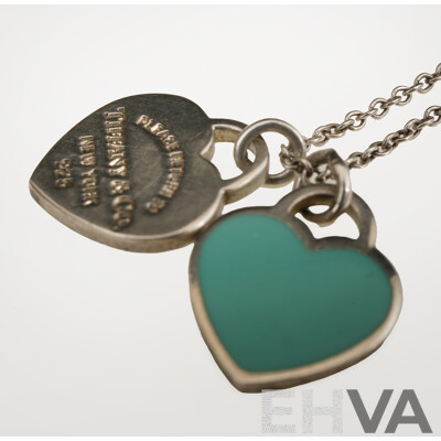 Tiffany & Co. Return to Tiffany's Mini Double Heart Blue Enamel Necklace in Sterling Silver, 45cm, 2.79 Grams
