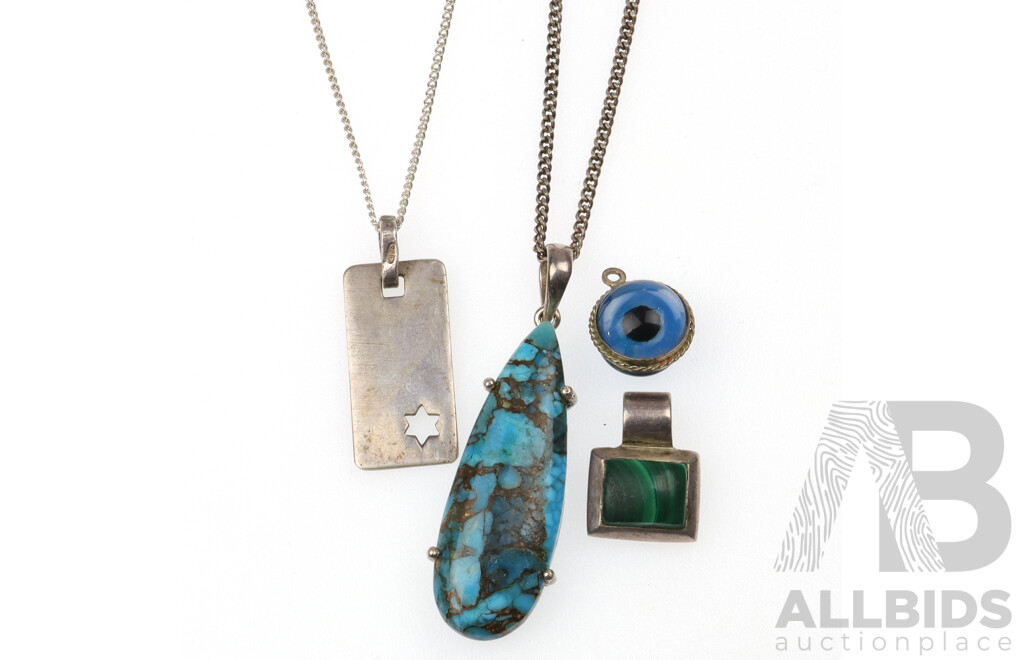 Sterling Silver Turquoise Pendant on Chain with Other Vintage Silver Pendants, 20.95 Grams
