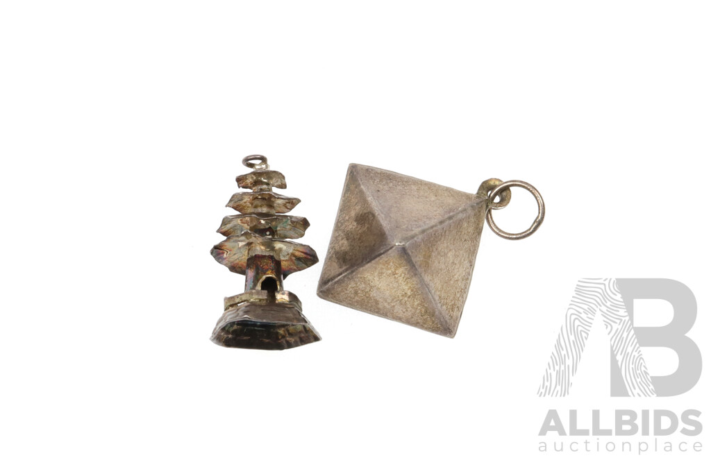Very Unusual Vintage Sterling Silver Travel Charms - Asian Temple and Pyramid, 2.81 Grams