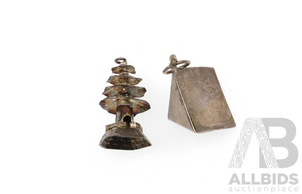 Very Unusual Vintage Sterling Silver Travel Charms - Asian Temple and Pyramid, 2.81 Grams