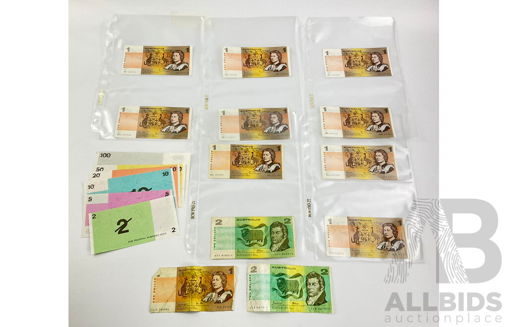 Collection of Australian Paper One and Two Dollar Notes, Johnston/Stone, Knight/Stone, Johnston/Fraser with Set of Training Sotes